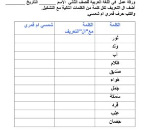 الحرف القمري والشمسي - ورقة عمل